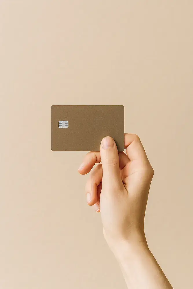 Minimalistisk foto af en hånd, der holder et kreditkort på hvid baggrund – symbol på budget og investering i TikTok-boosting